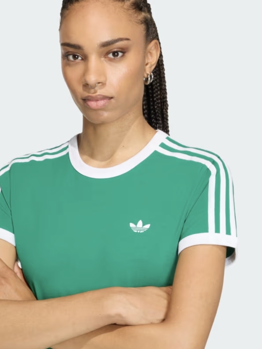 adidas Women’s Green Short Sleeve Ringer Tee with White Stripes
